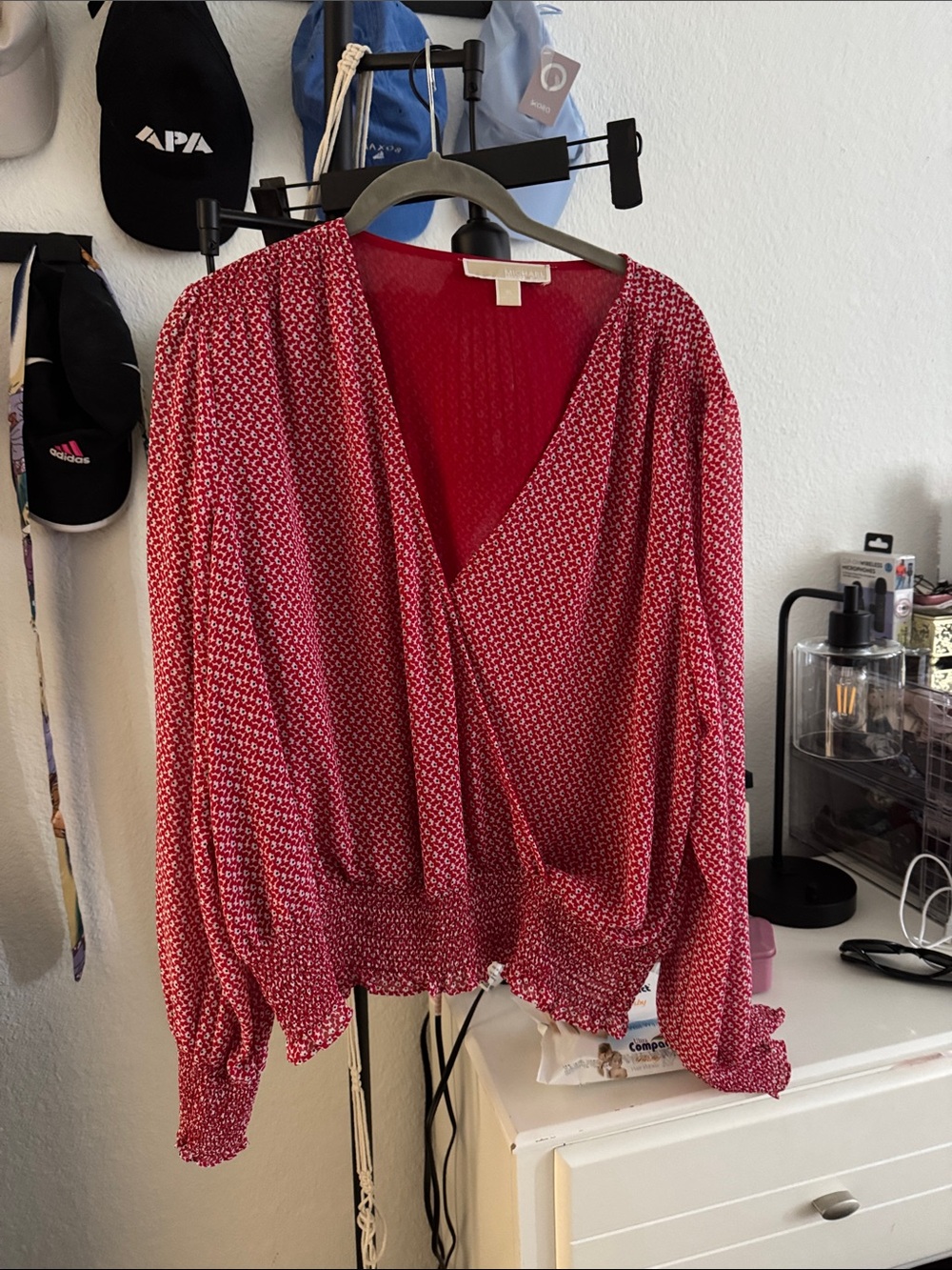 Michael Kors Red Sheer Wrap Blouse with Ruffle Hem